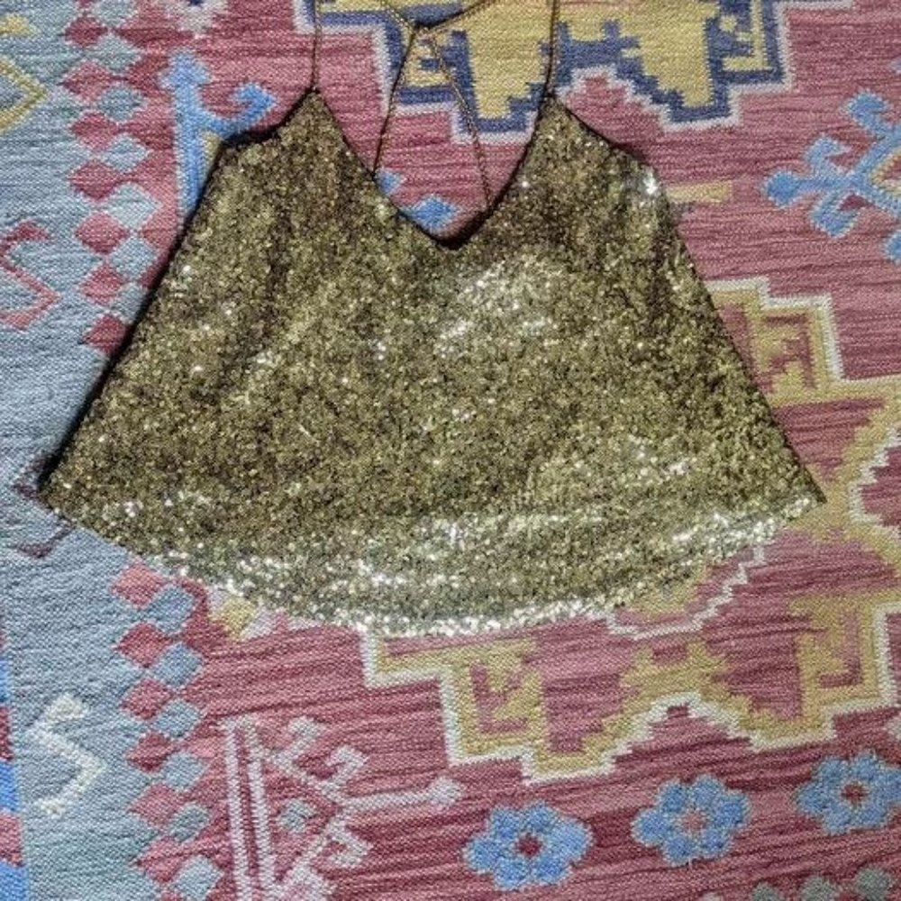 Stunning Good Sequin Chain Strap Flowy Spaghetti Criss Cross Back Tank Top Size